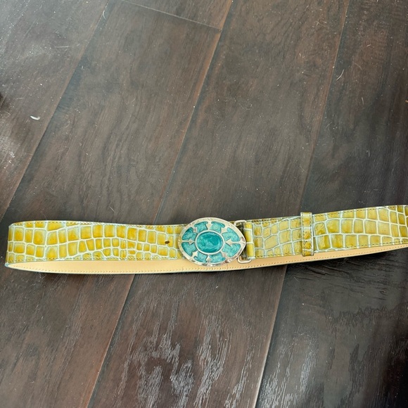 Vintage Italian Croc-Embossed Leather Belt with Turquoise Mosaic Buckle 41.5” L - Picture 2 of 5